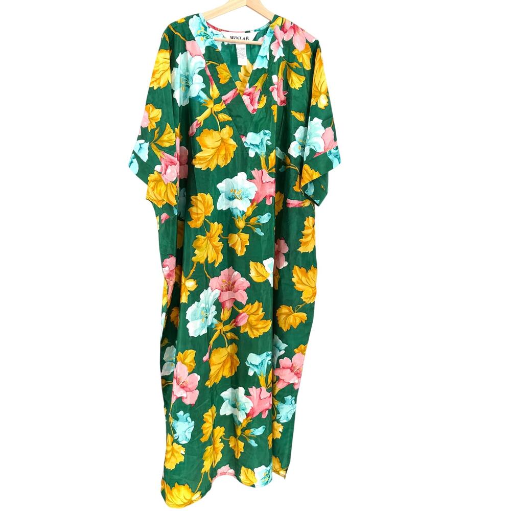 Vintage 90s Winlar Green Yellow Pink Floral Loungewear Kaftan Maxi Dress